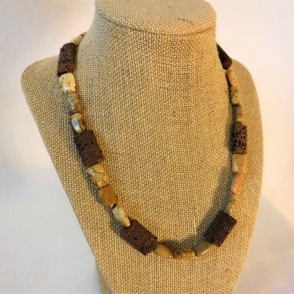 Handmade Necklace of Brown Lava and Tan Jasper 19"